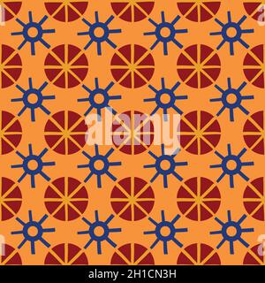 Abstrakt stilisierte Sonne und Stern Formen nahtlose Vektor-Muster Hintergrund. Im Azulejo-Stil gehaltene Kulisse mit himmlischen Motiven aus dem alten Ägypten, orange Stock Vektor