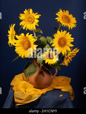 Stillleben. Wunderschöne Sonnenblumen in Keramikkrug auf blauem Hintergrund Stockfoto
