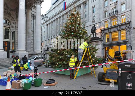 LONDON, Großbritannien - 23 November: Dekorieren Weihnachtsbaum in London am 23. NOVEMBER 2013. Errichteten Arbeiter großen Weihnachtsbaum vor der Königlichen E Stockfoto