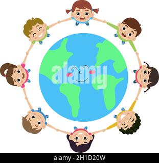 Happy World Kindertag Poster Konzept. Kinder lächeln und stehen im Kreis Stock Vektor