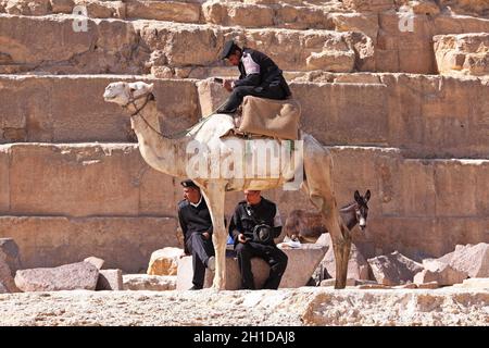 Gizeh, Ägypten - Februar 27: Antiquitäten Polizei in Gizeh am 27. Februar 2010. Antiquitäten Polizei auf dem Kamel und touristische policemans in der Nähe der Pyramide in Gizeh, Ägypten. Stockfoto