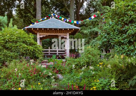 Trailfinders' 50th Anniversary Garden. Hölzerne Schutzhütte, die an ein nepalesisches religiöses Gebäude erinnert, mit Gebetsfahnen, die hinüber gehangen sind. Rhododendron-Flanke pro Stockfoto