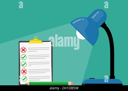 Symbol für Schreibtischleuchte. Arbeitstisch mit Schreibtischlampe und Checkliste. Vektorgrafik. Arbeitsprozess. Stock Vektor