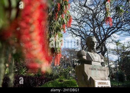 Die Statue von Simon Bolivar im Stadtflughafen Jardim an der avenida Arriaga im Stadtzentrum von Funchal auf der Insel Madeira in Portugal. Portugal Stockfoto