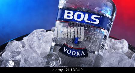 POZNAN, POL - 21. NOV 2019: Bottle of Bols, ein Markenname, der von Lucas Bols, einem niederländischen Destiller für alkoholische Getränke, verwendet wird Stockfoto