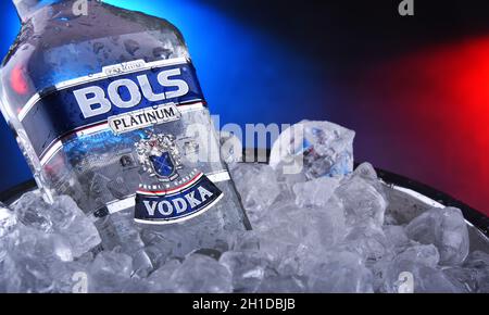 POZNAN, POL - 21. NOV 2019: Bottle of Bols, ein Markenname, der von Lucas Bols, einem niederländischen Destiller für alkoholische Getränke, verwendet wird Stockfoto