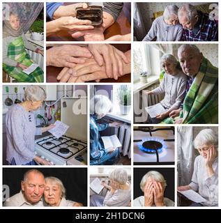 Großmutter berechnet Gas und Strom Rechnungen. Die ältere Frau und der Mann, die die Gasrechnung vor dem Heizkörper halten. Zahlung für Heizung in Winz Stockfoto