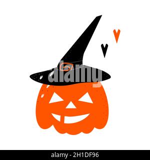 Orangefarbener Kürbis an Halloween in einem schwarzen Hut und mit zwei Herzen auf weißem Hintergrund. Vektorgrafik Stock Vektor