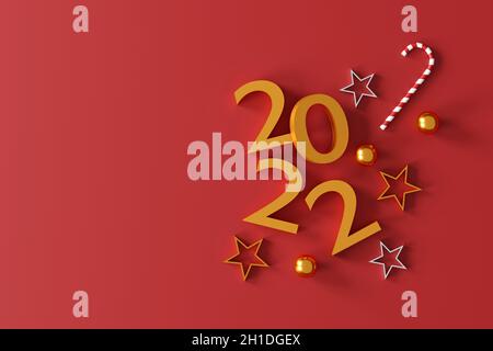 frohe weihnachten und Neujahr 2022 präsentiert Konzept. Rote Geschenkschachteln und Weihnachtsdekor auf rotem Hintergrund. Draufsicht. Flat Lay. 3D-Illustration Stockfoto