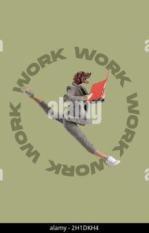 Zeitgenössische Kunstcollage einer Frau mit Hundekopf, die Balletttanz-Element macht und rote Mappe hält Stockfoto