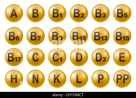 Vitamine runde Symbole. Set von Vitaminen. Multivitamin Ergänzung. Vektorgrafik. Konzept für ein gesundes Leben Stock Vektor