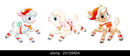 Niedliche Lämmer mit Weihnachtszubehör. Cartoon-Lammfiguren. Vektor-isolierte Illustration. Weihnachten lustige Tiere Set. Für Grußkarten, Poster Stock Vektor
