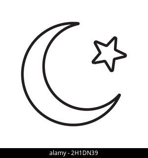 Halbmond mit Sternsymbol. Religiöses Symbol des Islam. Vektorgrafik. Schwarzes lineares Symbol Stock Vektor