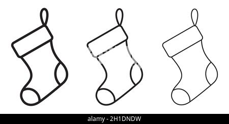 Weihnachtsstrumpfen-Ikone. Set aus schwarzen linearen weihnachtssocken. Vektorgrafik. Socken mit unterschiedlicher Strichstärke Stock Vektor