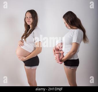 Schwangere Frau und dieselbe Frau mit Baby. Stockfoto