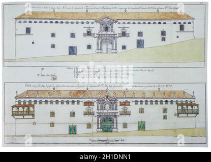 Minze von Potosi, 1772. Pan der Fassade Gebäude von Pedro de Tagle. Allgemeines Archiv der Indies Stockfoto