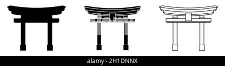 Japanisches Tor Torii. Torii Tor schwarze Symbole gesetzt. Religiöses Symbol des Shintoismus. Vektorgrafik. Stock Vektor
