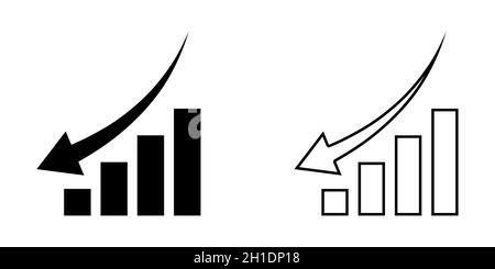 Symbol für abfallende Grafik. Balkendiagrammsymbol mit Pfeil nach unten. Symbol für das Analysediagramm. Vektorgrafik. Stock Vektor