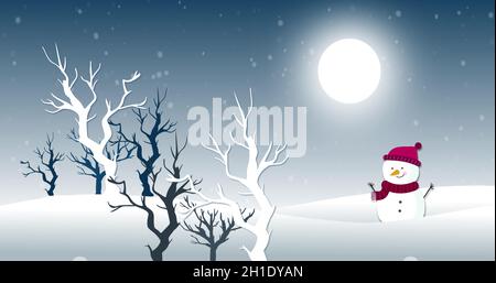 Schnee fällt gegen Mond, Schneemann und Bäume im Hintergrund Stockfoto