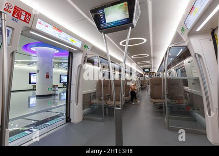 Peking, China - 30. September 2019: Airport-Express-Zug Beijing Daxing MRT Metro in China. Stockfoto