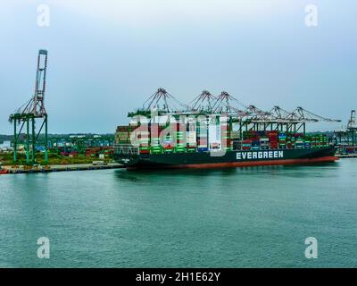 Colon, Panama - 8. Dezember 2019: Immergrüner Containerschiff mit voller Ladung im Hafen von Colon, Panama Stockfoto