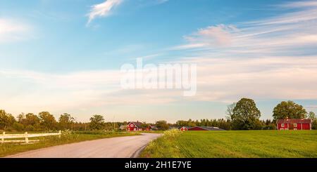 Panoramabild von alten roten Holzfarmen mit Straße während Sonnenuntergang in Smaland, Schweden Stockfoto