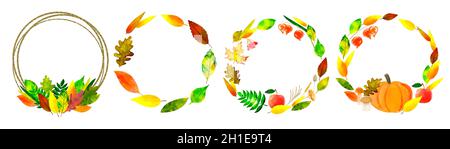 Herbstrahmen Aquarell Illustration mit bunten Blättern, Kürbis, Pilze, Apfel auf weißem Hintergrund Stockfoto