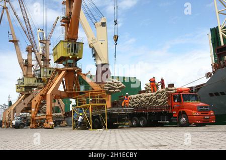 ilheus, bahia / brasilien - 26. märz 2012: Im Hafen von Ilheus, der aus der Elfenbeinküste exportiert wird, werden Arbeiter beim Auslaufen von Kakaobohnen beobachtet. *** Lokale Obergrenze Stockfoto