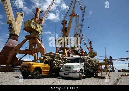 ilheus, bahia / brasilien - 26. märz 2012: Im Hafen von Ilheus, der aus der Elfenbeinküste exportiert wird, werden Arbeiter beim Auslaufen von Kakaobohnen beobachtet. *** Lokale Obergrenze Stockfoto