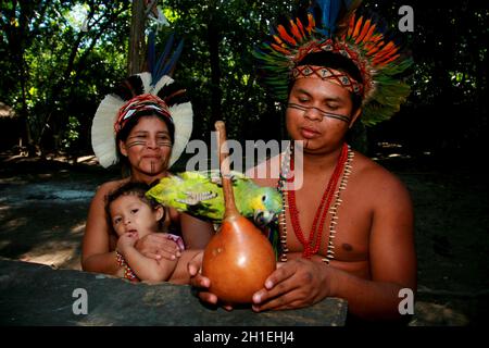 porto seguro, bahia / brasilien - 4. august 2008: In Aldeia Jaqueira, in der Stadt Porto S, werden die Ureinwohner von Pataxo zusammen mit einem Tierpapagei gesehen Stockfoto