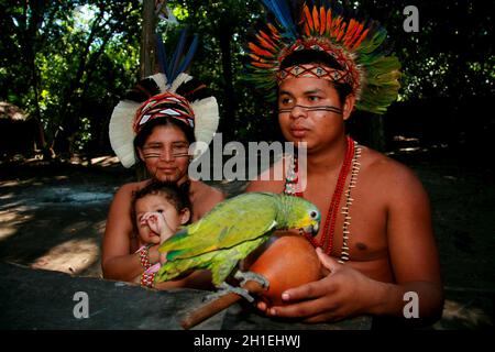 porto seguro, bahia / brasilien - 4. august 2008: In Aldeia Jaqueira, in der Stadt Porto S, werden die Ureinwohner von Pataxo zusammen mit einem Tierpapagei gesehen Stockfoto