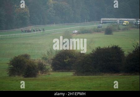 Läufer und Reiter während der Steve Lumb Quest for the Chepest Pint Handicap auf der Pontefract Racecourse, West Yorkshire. Bilddatum: Montag, 18. Oktober 2021. Stockfoto