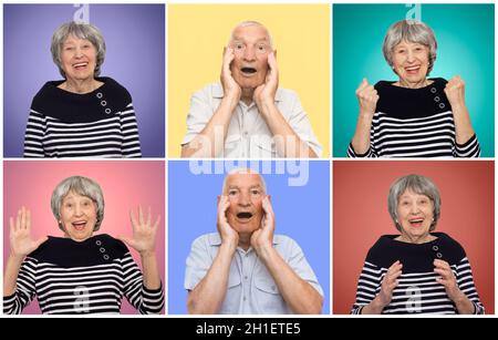 Die Collage aus verschiedenen Emotionen der älteren Frau und Mann. Alte Paar mit überraschten Ausdruck auf den Gesichtern auf farbigen studio Hintergrund. Menschliche emotion Stockfoto