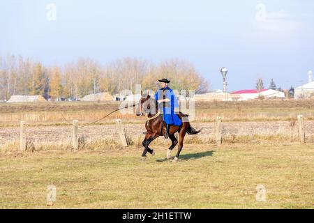 HORTOBAGY, UNGARN, NOVEMBER 04. 2018: Ungarische Csikos in traditioneller Tracht zeigen sein ausgebildetes Pferd. Traditioneller Pferdeherber von Hung Stockfoto