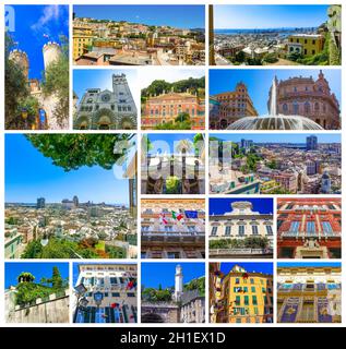 Collage von Fassaden von italienischen Gebäuden im alten Teil der Stadt Genua, Italien. Stockfoto