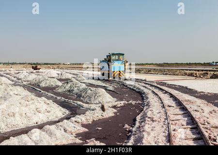 SAMBHAR, INDIEN - 19. NOVEMBER 2012: Kleiner Zug bei Salzbergwerk am See Sambhar, Rajasthan, Indien. Der Sambhar Salt Lake ist Indiens größter Salzsee im Landesinneren Stockfoto