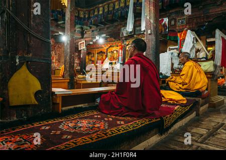 THIKSEY, INDIEN - 4. SEPTEMBER 2011: Tibetisch-buddhistische Mönche während des Gebets in Thiksey gompa (buddhistisches Kloster) der Gelben Hut (Gelugpa) Sekte - die Stockfoto