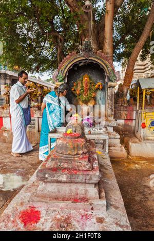 MADURAI, INDIEN - 16. FEBRUAR 2013: Indische Pilgerfamilie verehrt den Hindu-gott Ganesh im berühmten Meenakshi Amman Tempel - historischer Hindu-Tempel lokalisieren Stockfoto