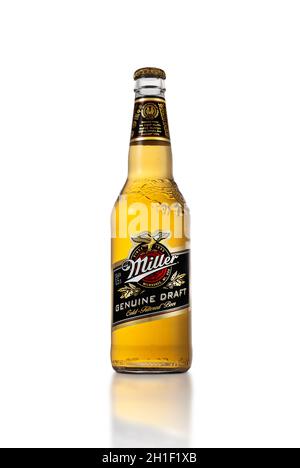 MINSK, WEISSRUSSLAND - 3. Oktober 2016: Miller Genuine Draft Cold filtriertes, nicht pasteurisiertes Bier mit dem Spitznamen MGD. MGD erhielt die Goldmedaille in den Amerikanern Stockfoto