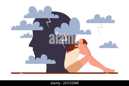 Traurige verärgert junge Frau sitzt unter Regenwolken der Angst Emotion Vektor Illustration. Cartoon einsames Mädchen denken über Probleme. Psychische Gesundheit, Frustration, melmütige Konzept isoliert auf weiß Stock Vektor