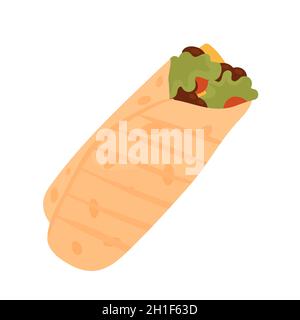 Fastfood Burrito, leckere Fastfood-Snacks zum Mitnehmen Vektorgrafik. Cartoon ungesunde Burrito, Junk-Food-Menü für mexikanische Restaurant oder Café isoliert auf weiß Stock Vektor