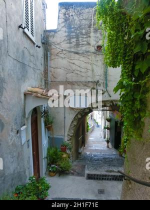 Typische schmale Straße und bunte Häuser in der Stadt Positano, Amalfiküste bei Italien Stockfoto