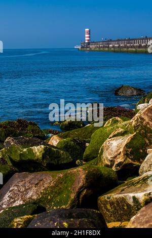 Porto, PORTUGAL - MAI 2018: Menschen, die einen sonnigen frühen Frühlingstag bei den Farolins da Barra do Douro an der schönen Küste von Porto nahe dem Douro RI genießen Stockfoto