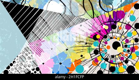 Abstraktes geometrisches Muster Hintergrund, mit Dreiecken, Kreisen, Blumen, Malstriche und Spritzer Stock Vektor