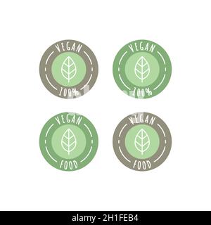 Vegane Lebensmittel und Produkte Vektor-Label-Icon-Set. 100 % vegan Kreis Sticker Set. Stock Vektor