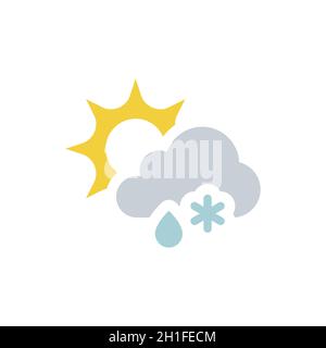 Sonne mit Wolkenschnee und Regen Vektorsymbol. Farbenfrohes Vorhersage- und Wettersymbol. Stock Vektor