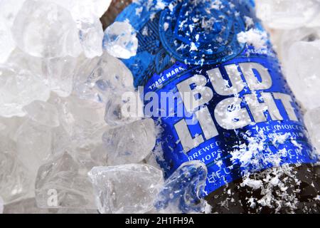 POSEN, POL - 22. MAI 2020: Flasche Bud Light Beer, ein amerikanisches Leichtbier, hergestellt von Anheuser-Busch, eingeführt 1982. Stockfoto