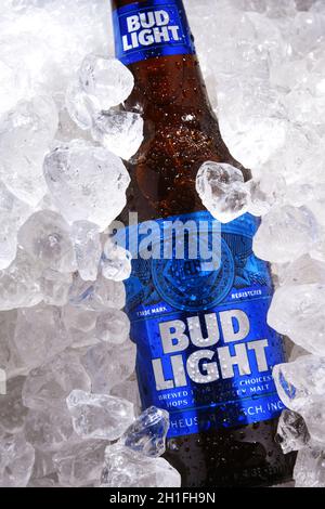 POSEN, POL - 22. MAI 2020: Flasche Bud Light Beer, ein amerikanisches Leichtbier, hergestellt von Anheuser-Busch, eingeführt 1982. Stockfoto