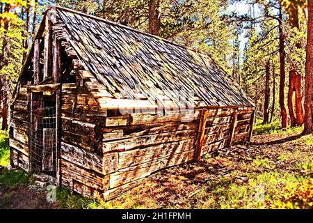 Broken-Down Shack - Dies ist ein Foto, digital manipuliert für künstlerische Wirkung, eines zerbrochenen Gebäudes. Stockfoto