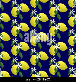 Muster mit gelben Zitronen und Blumen auf blauem Hintergrund. Stock Vektor